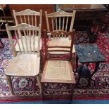 PAIR OF SPINDLE BACK CHAIRS ON TURNED SUPPORTS, INLAID MAHOGANY HAND CHAIR WITH BERGERE SEAT ETC.