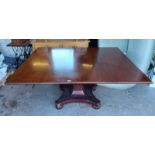 19TH CENTURY MAHOGANY RECTANGULAR PEDESTAL TABLE ON 4 SPREADING SUPPORTS,