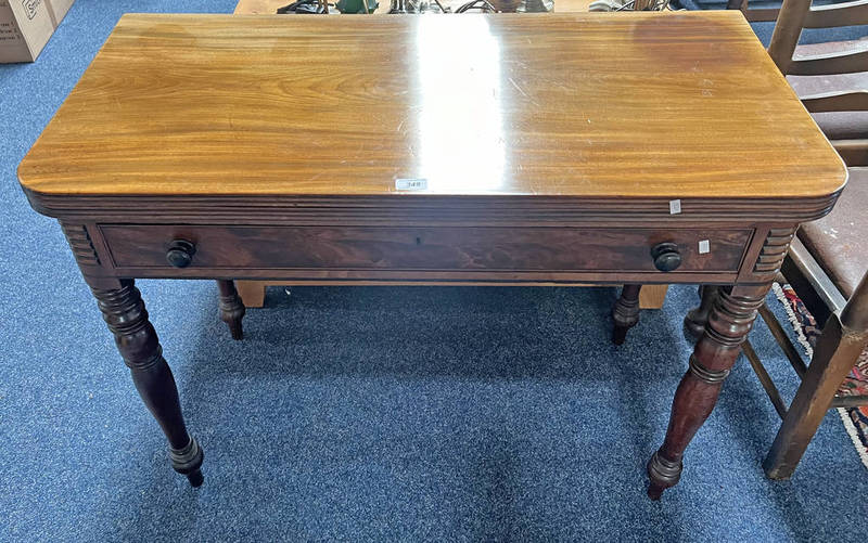 19TH CENTURY MAHOGANY TEA TABLE WITH FLIP UP TOP & SINGLE DRAWER ON TURNED SUPPORTS
