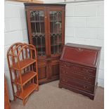 MAHOGANY BUREAU WITH FALL FRONT OVER 3 LONG DRAWERS & BAMBOO SHELF UNIT,