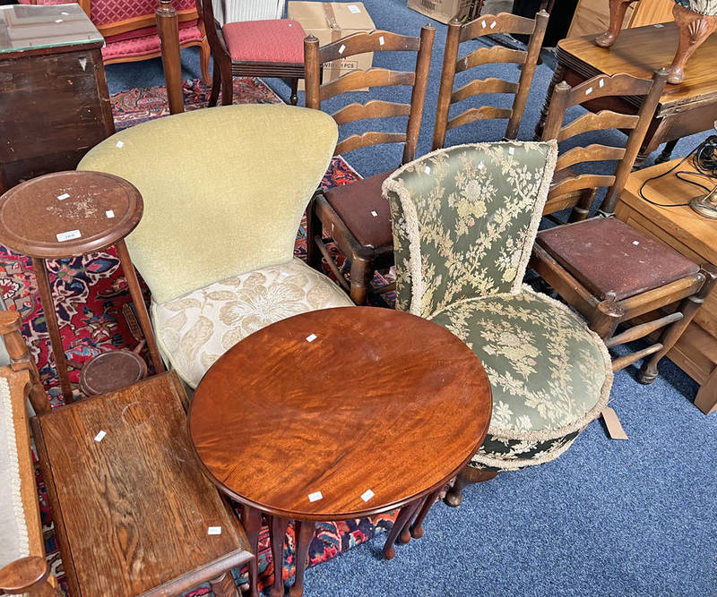 NEST OF 3 OVAL TOPPED MAHOGANY TABLES, 2 OVERSTUFFED CHAIRS,