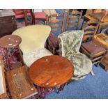 NEST OF 3 OVAL TOPPED MAHOGANY TABLES, 2 OVERSTUFFED CHAIRS,