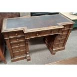 LATE 19TH CENTURY OAK TWIN PEDESTAL DESK WITH LEATHER INSET TOP & 3 FRIEZE DRAWERS OVER 2 STACKS OF