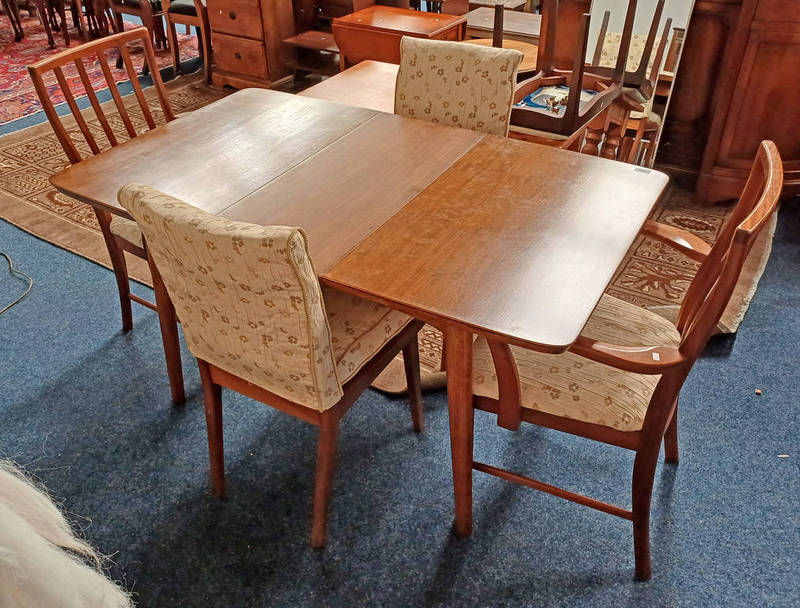 TEAK EXTENDING DINING TABLE WITH FOLD OUT LEAF & 4 TEAK DINING CHAIRS INCLUDING 2 ARMCHAIRS