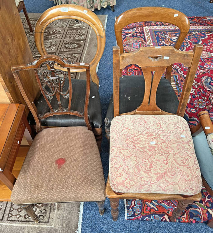 19TH CENTURY MAHOGANY BALLOON BACK DINING CHAIR, MAHOGANY HAND CHAIR ON TURNED SUPPORTS. ETC.