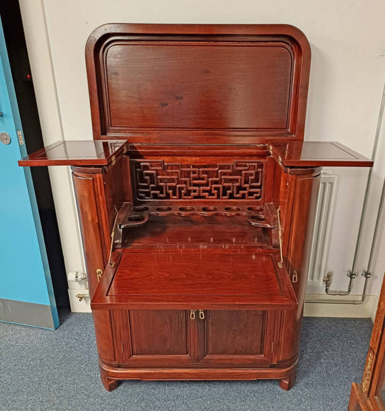 CHINESE HARDWOOD COCKTAIL CABINET WITH LIFT TOP & FALL FRONT OPENING TO FITTED INTERIOR OVER 2