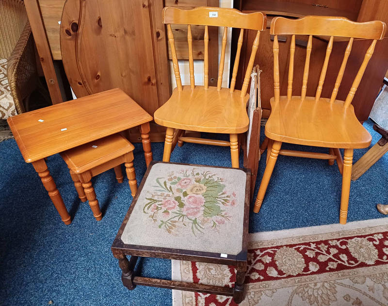 PINE SPINDLE BACK KITCHEN CHAIRS, OAK STOOL WITH FLORAL TAPESTRY TOP, ETC.