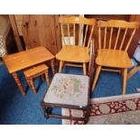 PINE SPINDLE BACK KITCHEN CHAIRS, OAK STOOL WITH FLORAL TAPESTRY TOP, ETC.