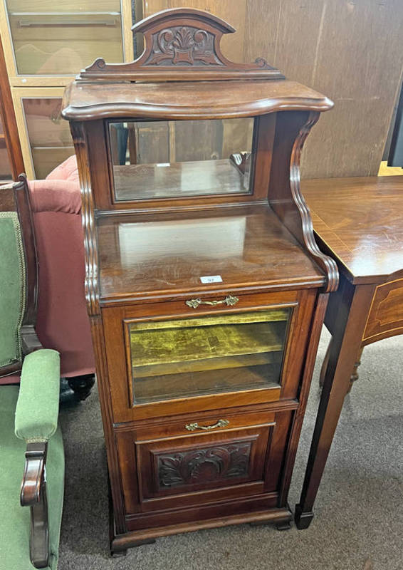 EARLY 20TH CENTURY MAHOGANY MUSIC CABINET WITH MIRROR BACK & FALL FRONT GLAZED PANEL DOOR WITH
