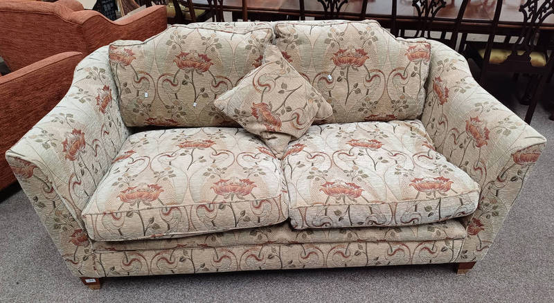 OVERSTUFFED 2 SEATER SETTEE WITH BEIGE FLORAL PATTERN