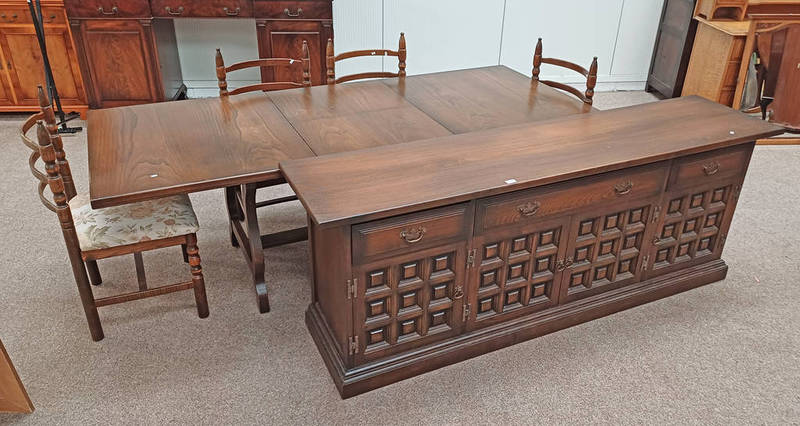 LATE 20TH CENTURY OAK SUITE CONSISTING OF SIDEBOARD EXTENDING DINING TABLE & 4 CHAIRS