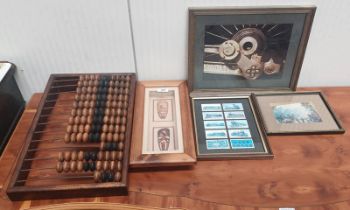 MAHOGANY FRAMED ABACUS & 4 FRAMED PICTURES