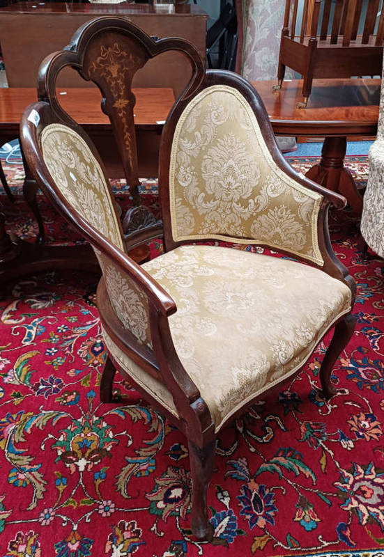 20TH CENTURY MAHOGANY FRAMED ARMCHAIR WITH DECORATIVE BOXWOOD INLAY ON SHAPED SUPPORTS.