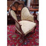 20TH CENTURY MAHOGANY FRAMED ARMCHAIR WITH DECORATIVE BOXWOOD INLAY ON SHAPED SUPPORTS.