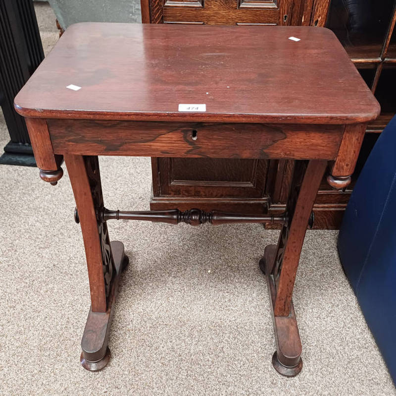 19TH CENTURY ROSEWOOD SEWING TABLE WITH SINGLE DRAWER WITH DECORATIVE CARVED ENDS