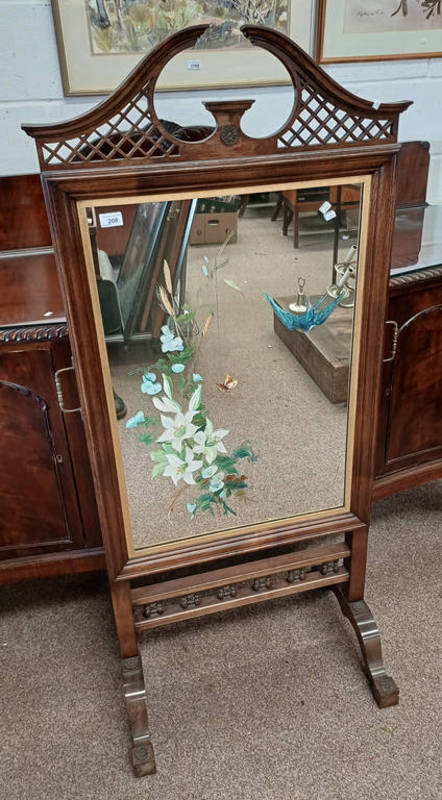 20TH CENTURY TALL MAHOGANY MIRRORED FIRE SCREEN WITH PAINTED FLORAL & BIRD DECORATION,