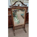 20TH CENTURY TALL MAHOGANY MIRRORED FIRE SCREEN WITH PAINTED FLORAL & BIRD DECORATION,