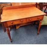 19TH CENTURY MAHOGANY SIDE TABLE WITH RAIL BACK & 2 DRAWERS ON TURNED SUPPORTS,