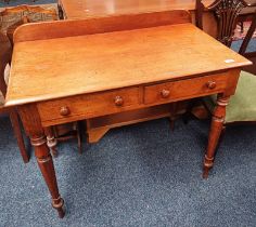 19TH CENTURY MAHOGANY SIDE TABLE WITH RAIL BACK & 2 DRAWERS ON TURNED SUPPORTS,