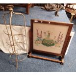 OAK FRAMED FIRE SCREEN WITH DECORATIVE FLORAL TAPESTRY & BRASS POT STAND