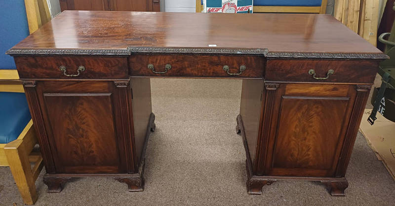 19TH CENTURY MAHOGANY PEDESTAL SIDEBOARD WITH 3 FRIEZE DRAWERS OVER 2 PANEL DOORS.