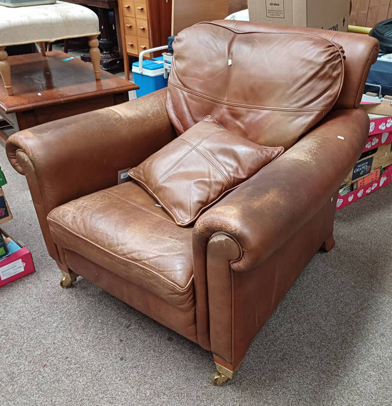 BROWN LEATHER ARMCHAIR Condition Report: The approximate dimensions for this item