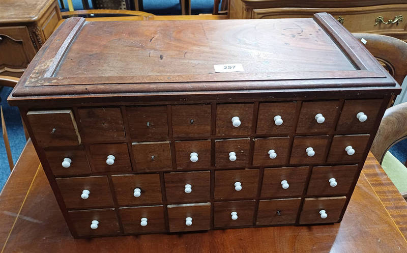 MAHOGANY TABLE TOP MULTI-DRAWER STORAGE CHEST Condition Report: The dimensions for