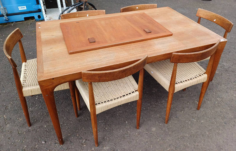 TEAK RECTANGULAR EXTENDING DINING TABLE WITH SINGLE DRAW LEAF & SET OF 6 TEAK CHAIRS WITH ROPEWORK