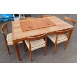 TEAK RECTANGULAR EXTENDING DINING TABLE WITH SINGLE DRAW LEAF & SET OF 6 TEAK CHAIRS WITH ROPEWORK