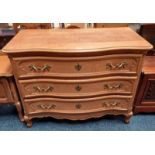 CONTINENTAL OAK CHEST OF 3 DRAWERS WITH SHAPED FRONT & BRASS ORMOULU HANDLES ON CABRIOLE SUPPORTS.