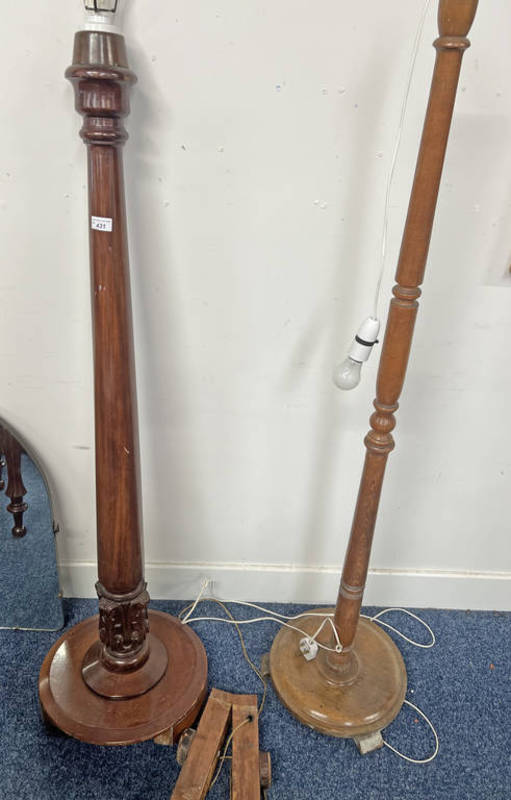 MAHOGANY STANDARD LAMP WITH DECORATIVE COLUMN ON CIRCULAR BASE & ONE OTHER LAMP