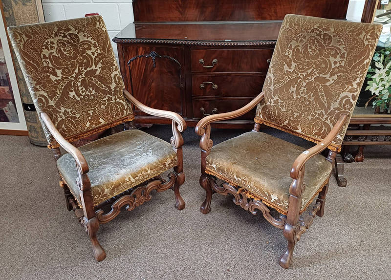 PAIR OF LATE 19TH CENTURY MAHOGANY FRAMED SCROLL ARMCHAIRS ON SHAPED SUPPORTS Condition