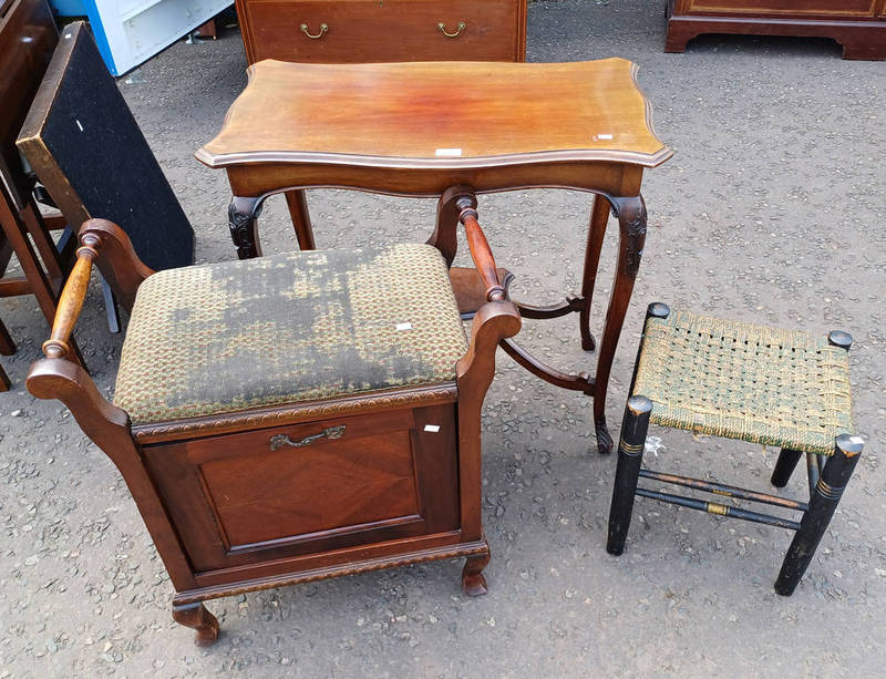 MAHOGANY PIANO STOOL WITH PANEL DOOR TO FRONT, MAHOGANY TABLE WITH SHAPED TOP ETC.