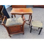 MAHOGANY PIANO STOOL WITH PANEL DOOR TO FRONT, MAHOGANY TABLE WITH SHAPED TOP ETC.