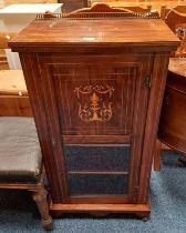 EARLY 20TH CENTURY INLAID ROSEWOOD MUSIC CABINET WITH BRASS RAIL BACK & SINGLE PANEL DOOR OPENING