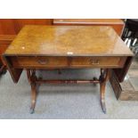 INLAID BURR WALNUT SOFA TABLE WITH 2 DRAWERS & LYRE ENDS TERMINATING ON BRASS PAW FEET
