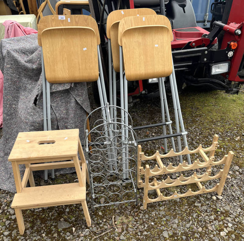 3 IKEA FOLDING STOOLS, METAL WINE RACK & ONE OTHER, ETC.