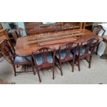 INLAID MAHOGANY TWIN PEDESTAL DINING TABLE WITH 2 EXTRA LEAVES & SET OF 9 MAHOGANY DINING CHAIRS