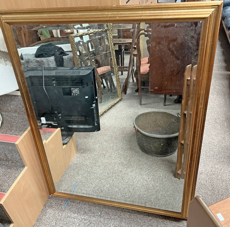 RECTANGULAR GILT FRAMED OVER MANTLE MIRROR WITH BEVELLED EDGE.