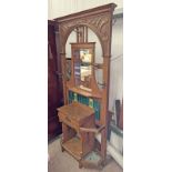 ART NOUVEAU STYLE OAK MIRROR BACK HALL STAND WITH CARVED DECORATION & DECORATIVE TILE INSET WITH