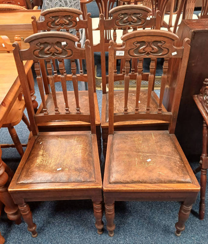 SET OF 4 LATE 19TH CENTURY OAK DINING CHAIRS ON TURNED SUPPORTS