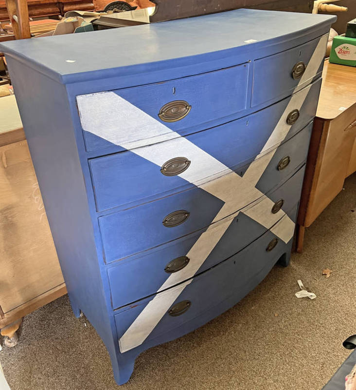 19TH CENTURY UP-CYCLED PAINTED CHEST OF 2 SHORT OVER 4 LONG DRAWERS ON BRACKET SUPPORTS.