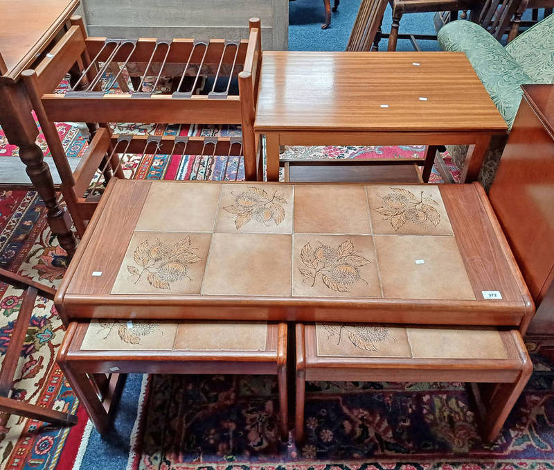 NEST OF 3 TEAK TABLES WITH TILE INSET TOPS LABELLED SUNELM PRODUCTS,