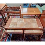 NEST OF 3 TEAK TABLES WITH TILE INSET TOPS LABELLED SUNELM PRODUCTS,