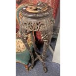 EASTERN HARDWOOD POT STAND WITH PINK MARBLE INSET TOP & ORIENTAL CARVED DECORATION