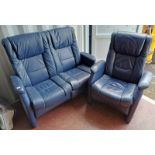 BLUE LEATHER 2 SEATER SETTEE & MATCHING ARMCHAIR