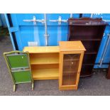 MAHOGANY OPEN BOOKCASE , TEAK CABINET WITH GLAZED PANEL DOORS ETC.