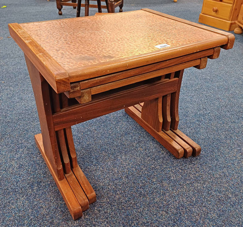 NEST OF 3 G-PLAN TEAK TABLES WITH COPPER PANEL TOPS,