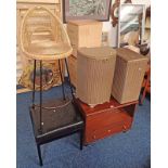 2 LLOYD LOOM LINEN BASKETS, BLACK LEATHERETTE BUTTONED TOP STOOL, ETC.