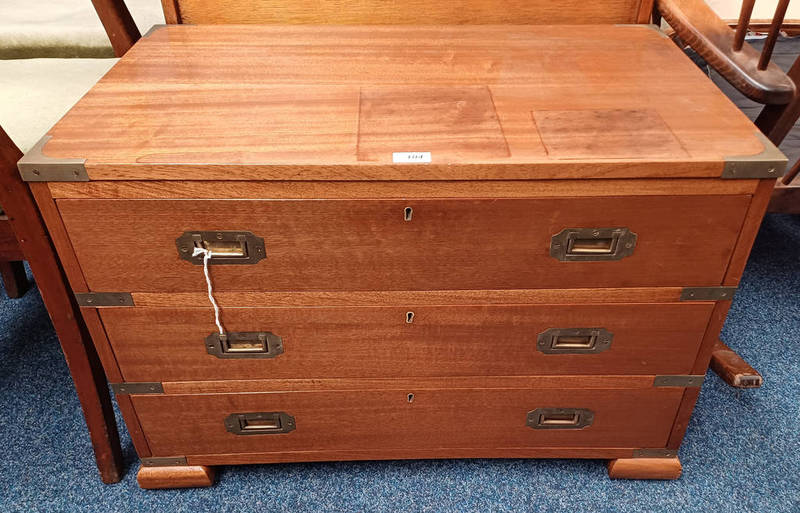 20TH CENTURY TEAK CAMPAIGN STYLE CHEST OF 3 DRAWERS WITH BRASS FIXTURES & BRASS HANDLES TO SIDES,